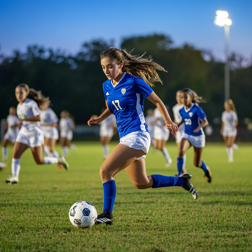 girl playing soccer in blue and white jersey